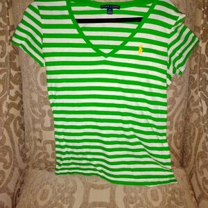 RALPH LAUREN GREEN &WHITE & GREEN STRIPE T-SHIRT YELLOW LABEL WOMAN'S = SIZE S/P